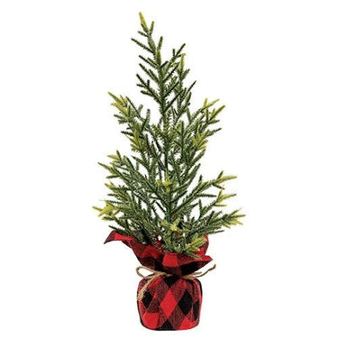 Glittered Cedar Tree with Red Black Buffalo Check Base - The Fox Decor